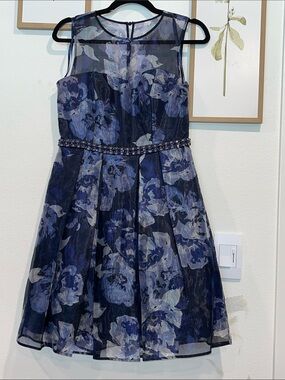 Women Navy Floral Party Dress with Beaded